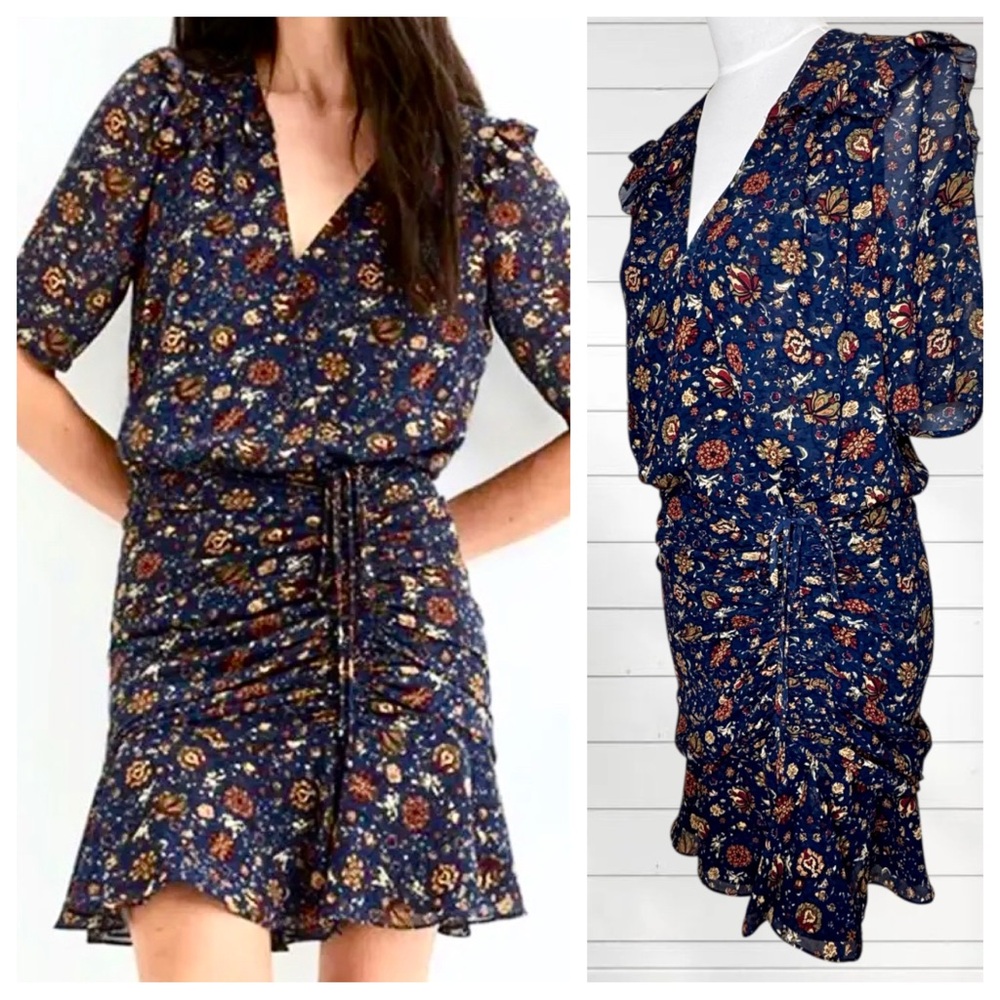 Veronica Beard Dakota Dress Floral Chiffon Ruffle Mini Boho Blue Ink Multi 8
